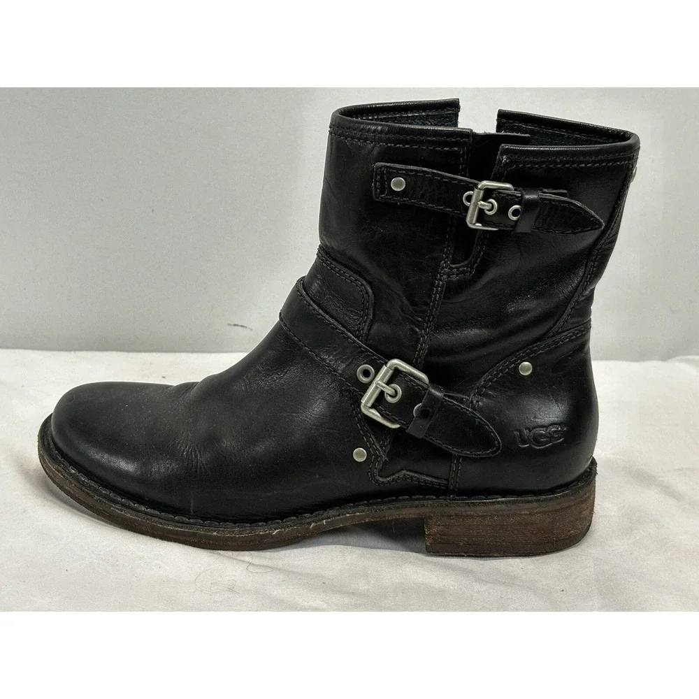 UGG Australia Fabrizia Black Leather Moto Combat Boots Women 7.5 Sheepskin Lined
